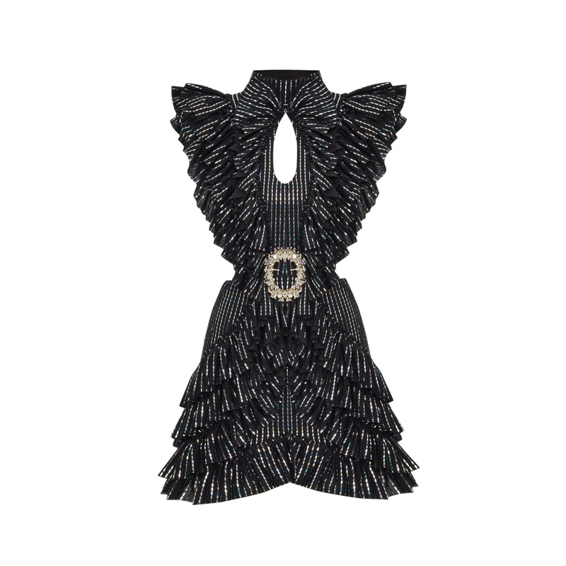 BUST DETAILED RUFFLED HOLOGRAM PRINTED MINI DRESS IN BLACK