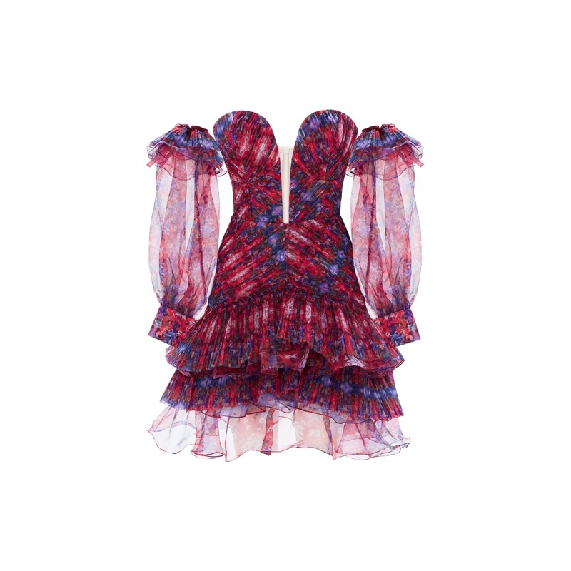 DRAPED PUFFED SLEEVES PATTERNED MINI DRESS IN BURGUNDY