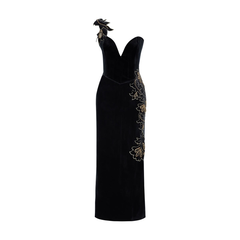 EMBROIDERED SIDE SLIT MIDI DRESS IN BLACK