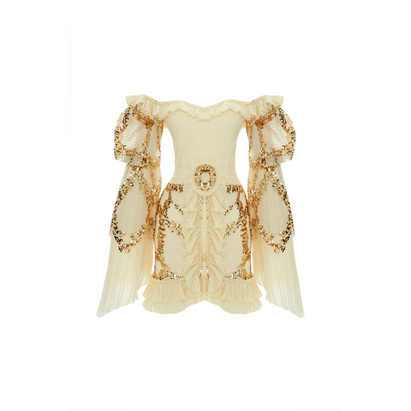GOLD SEQUINED PUFF SLEEVE MINI DRESS IN ECRU