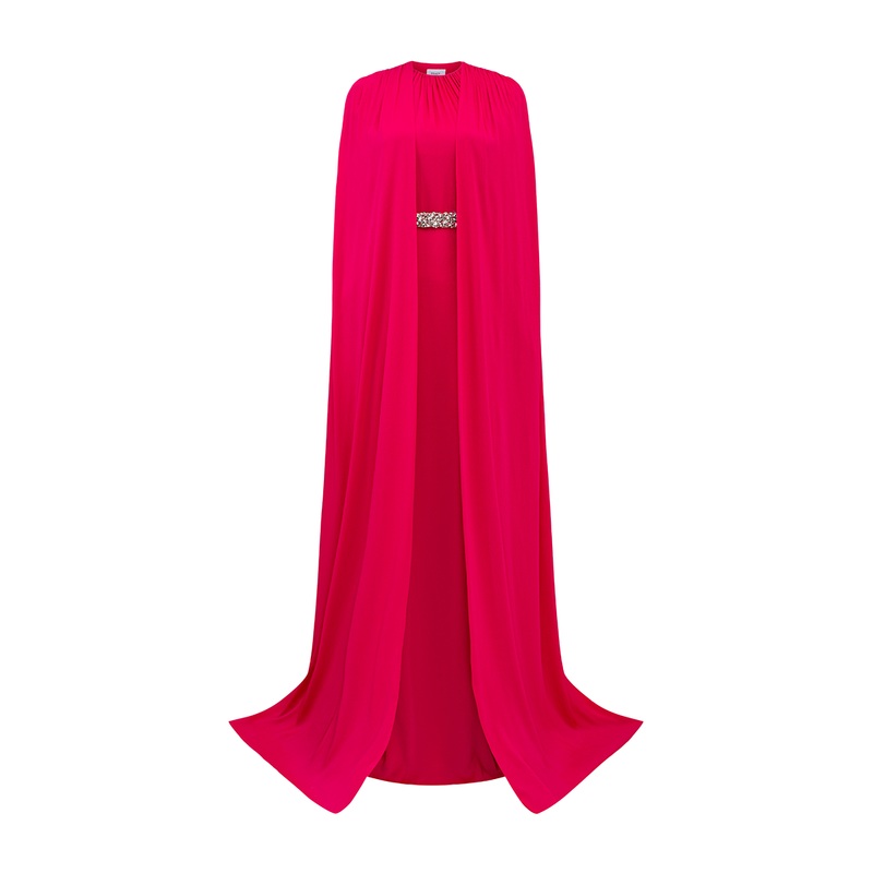 PINK ROUND NECK GATHERED GOWN WITH STONE EMBELLISHED BELT