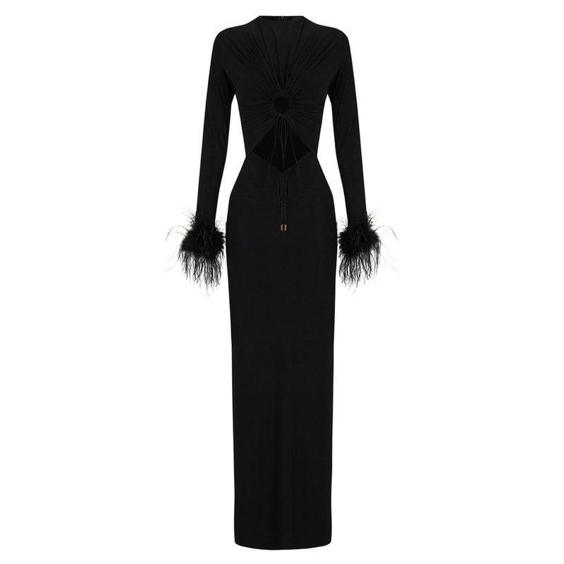 RECYCLED KNITTED DRESS AND FEATHERS IN BLACK