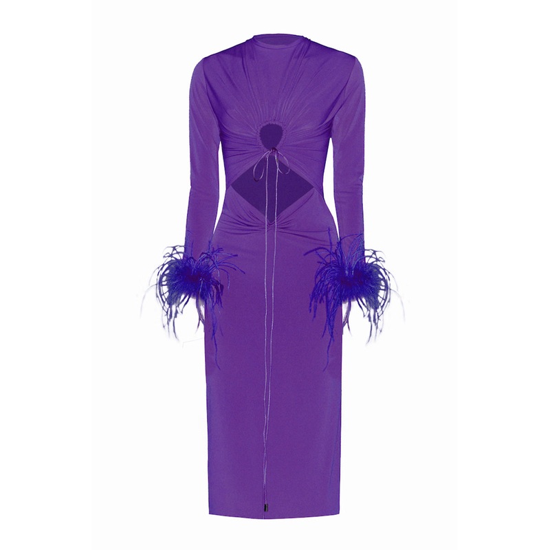 RECYCLED KNITTED DRESS AND FEATHERS IN PURPLE