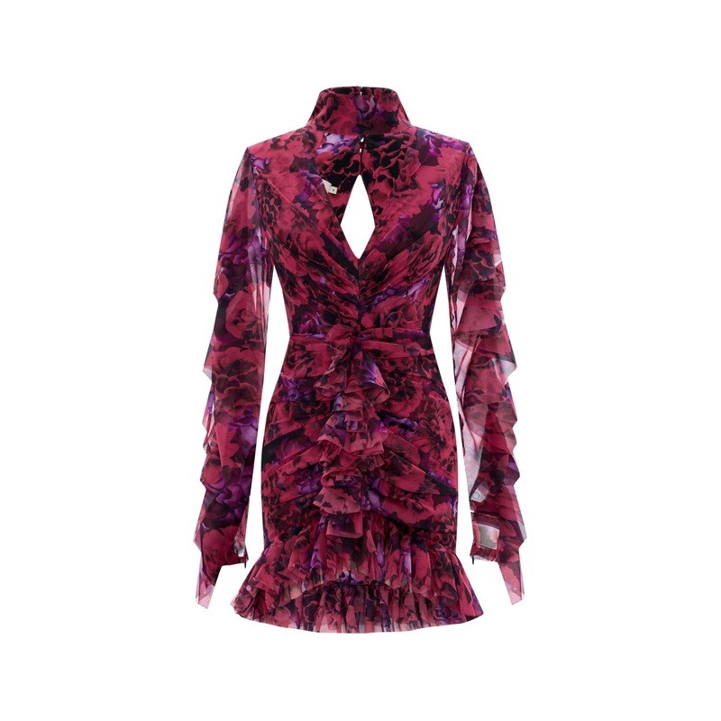 RUFFLED FLORAL PATTERNED MINI DRESS IN FUCHSIA FLORAL
