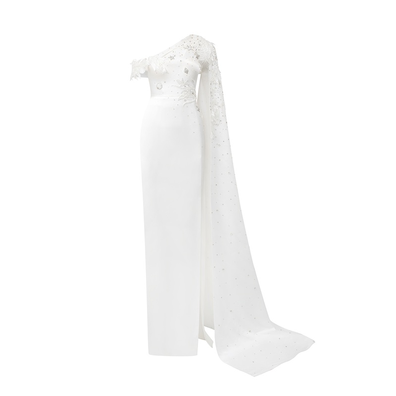 WHITE ASYMMETRIC SLEEVE SIDE SLIT GOWN