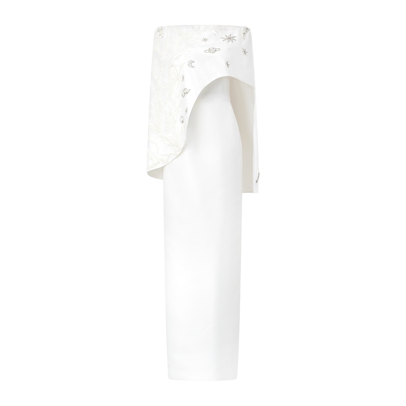WHITE CAMISOLE STRAIGHT GOWN WITH ASYMMETRIC CAPE SET