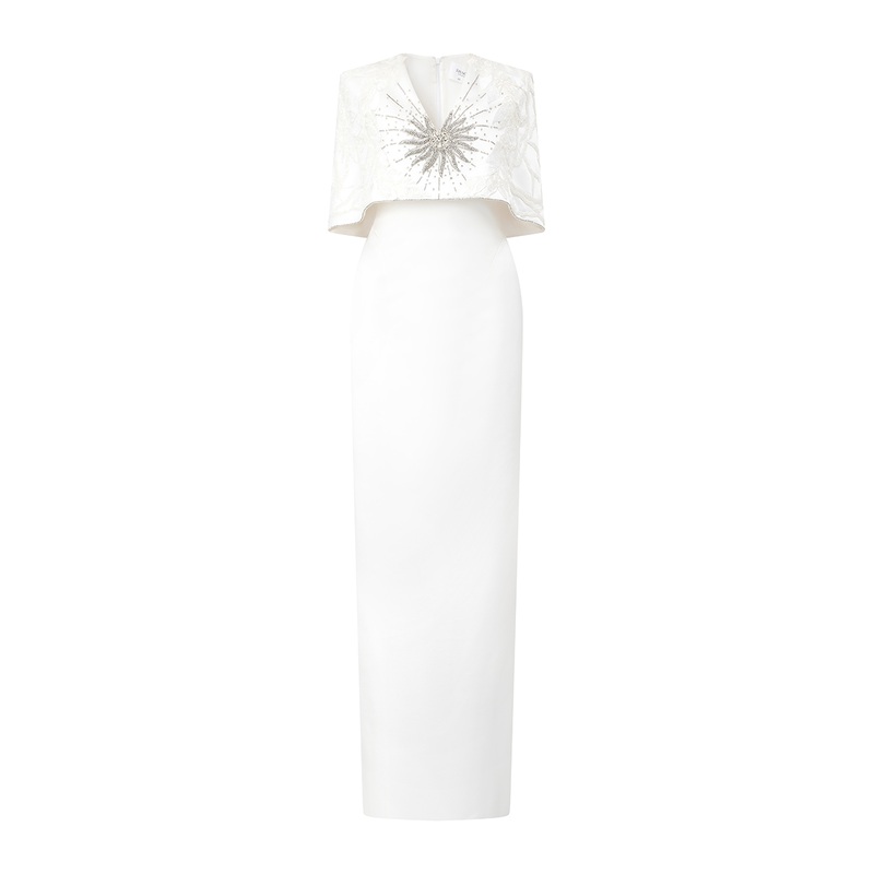 WHITE V-NECK CAPE SLEEVES STRAIGHT GOWN