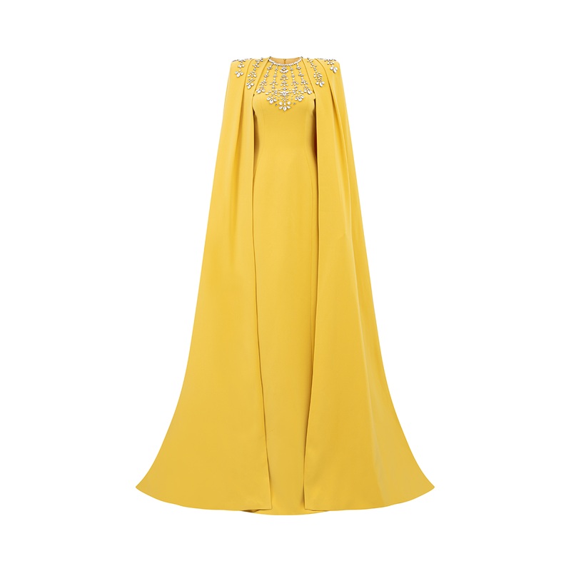 YELLOW STONE EMBELLISHED CAPE AND BODYCON GOWN SET