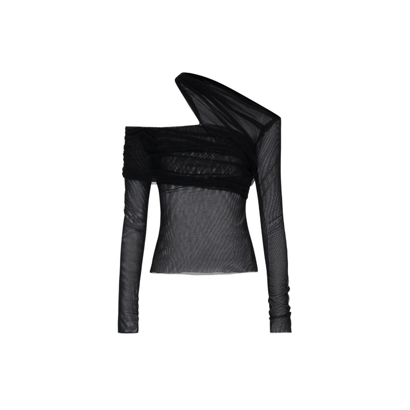 BLACK DRAP ASYMMETRIC OFF-SHOULDER TOP
