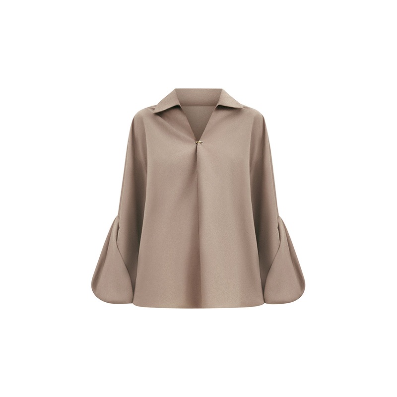 CHAMOMILE STRAIGHT COLLARED NECK POPLIN HIGH-LOW SHIRT IN BEIGE