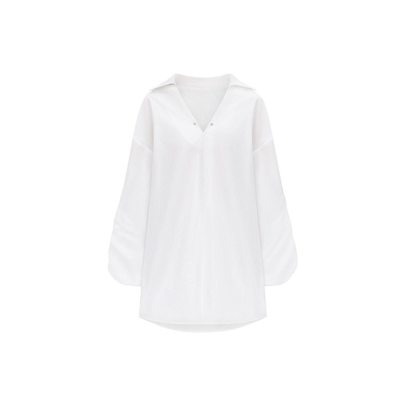CHAMOMILE STRAIGHT COLLARED NECK POPLIN HIGH-LOW SHIRT IN WHITE