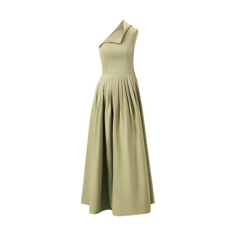CROSSANDRA A-LINE WAIST PLEATED TWILL MIDI DRESS