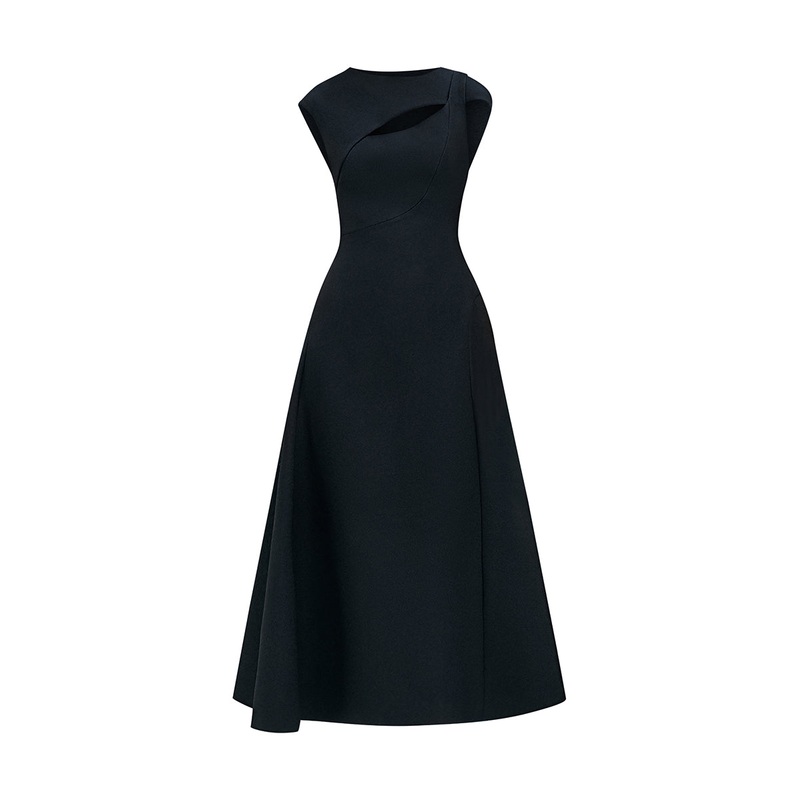 HOLLYHOCK A-LINE CUT-OUT CREPE MIDI DRESS IN BLACK