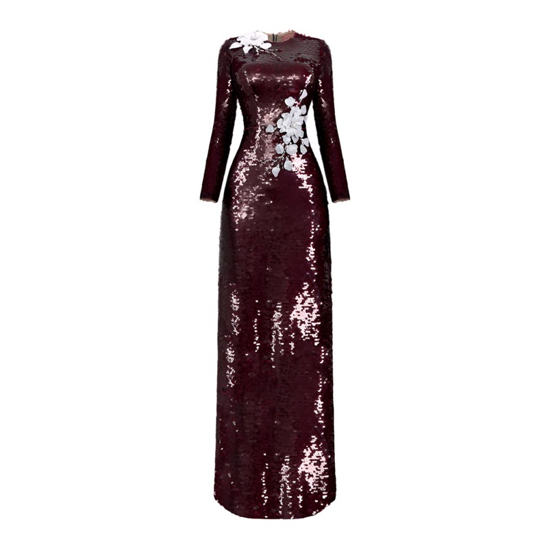 LONG SLEEVE SEQUIN FLOWER LONG DRESS