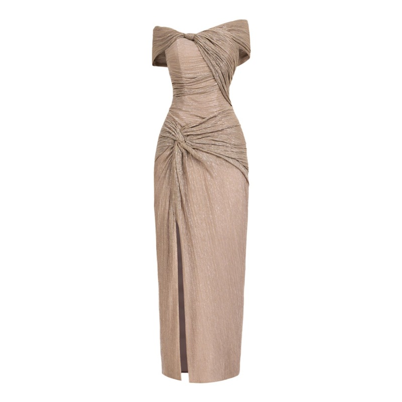 OFF SHOULDER MIDI DRESS IN NUDE