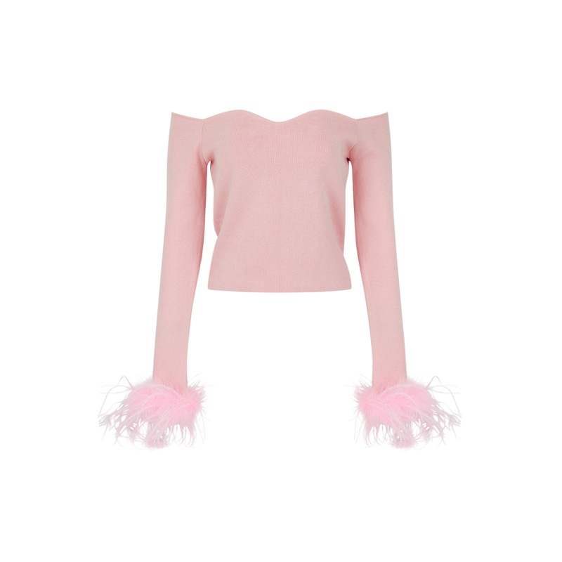 PINK VANILLA KNIT TOP WITH DETACHABLE FEATHER CUFFS