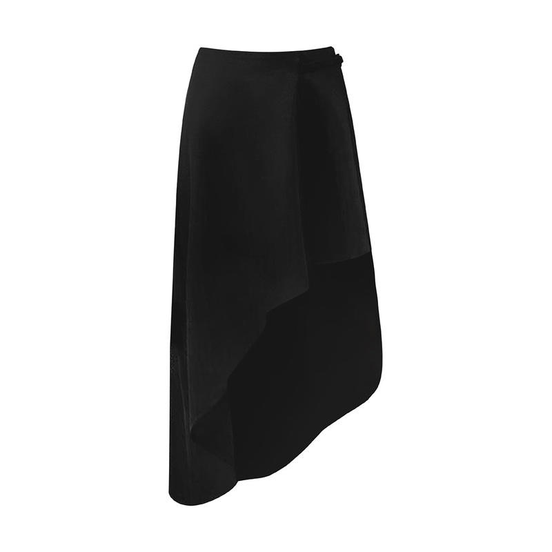 TERRACED ASYMMETRIC BACK ZIPPER TWILL CALF LENGTH SKIRT