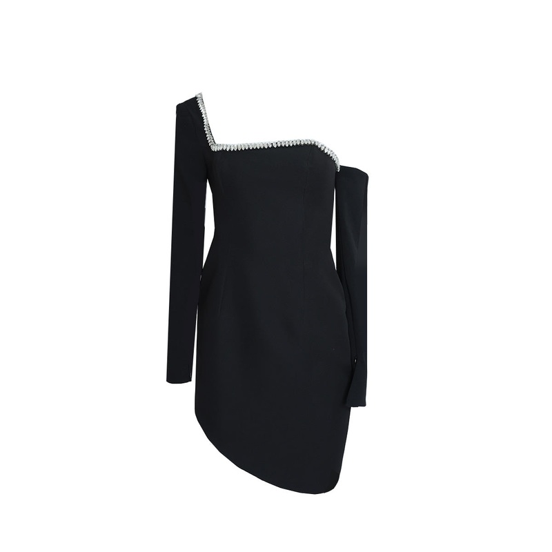 BLACK DRESS WITH EMBELLISHED CHEST HEM