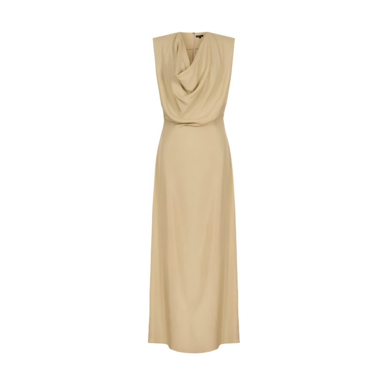 DRAPED NECK LONG DRESS IN BEIGE