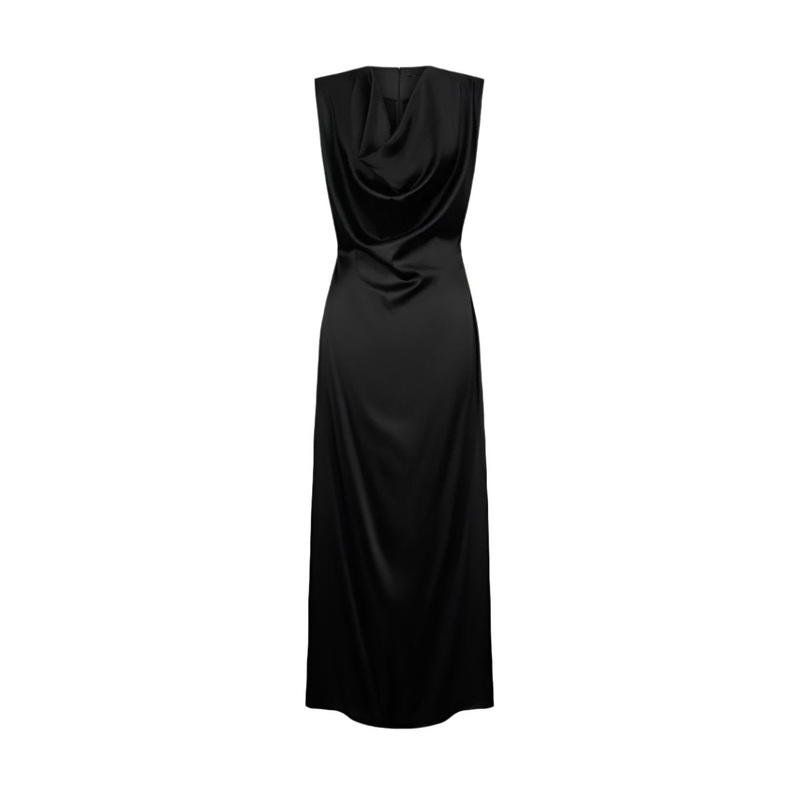 DRAPED NECK LONG DRESS IN BLACK