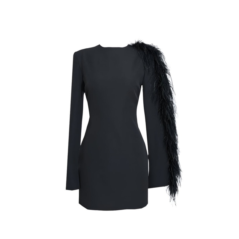 ONE-SHOULDER FEATHER FULL-SLEEVE SHORT DRESS IN MIDNIGHT BLACK