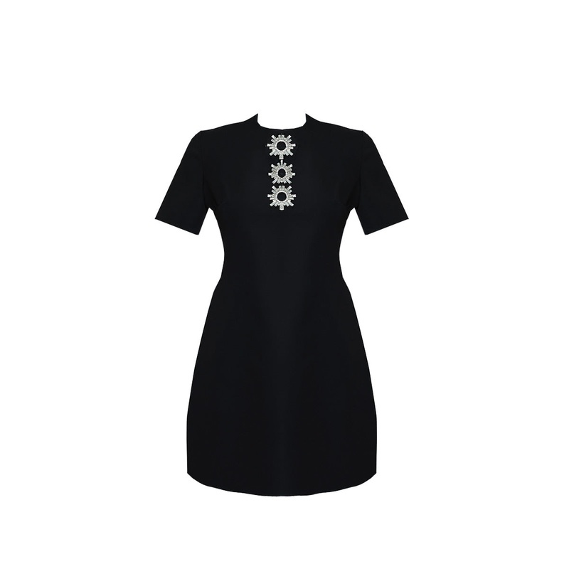 SHORT BLACK DRESS WITH 3D CRYSTAL EMBELLISHED NECKLINE