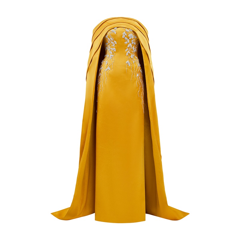 CURVED DRAPED OFF SHOULDER WITH LONG SLEEVE CAPE DRESS