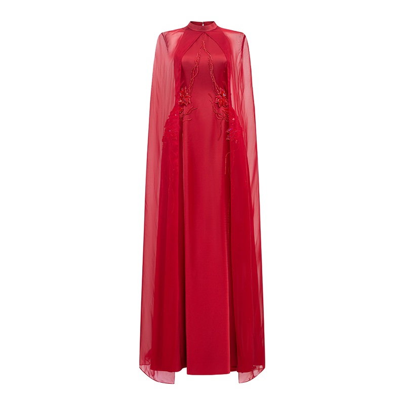 LONG SEE-THROUGH CAPE FLARED DRESS