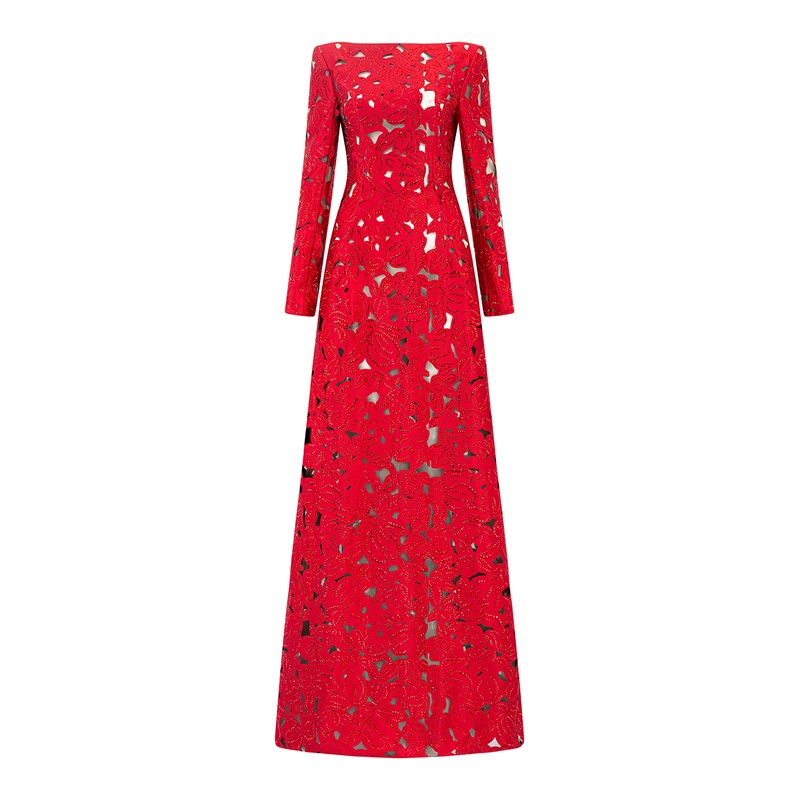 LONG SLEEVES BOAT NECK FLORAL LASERCUT DRESS
