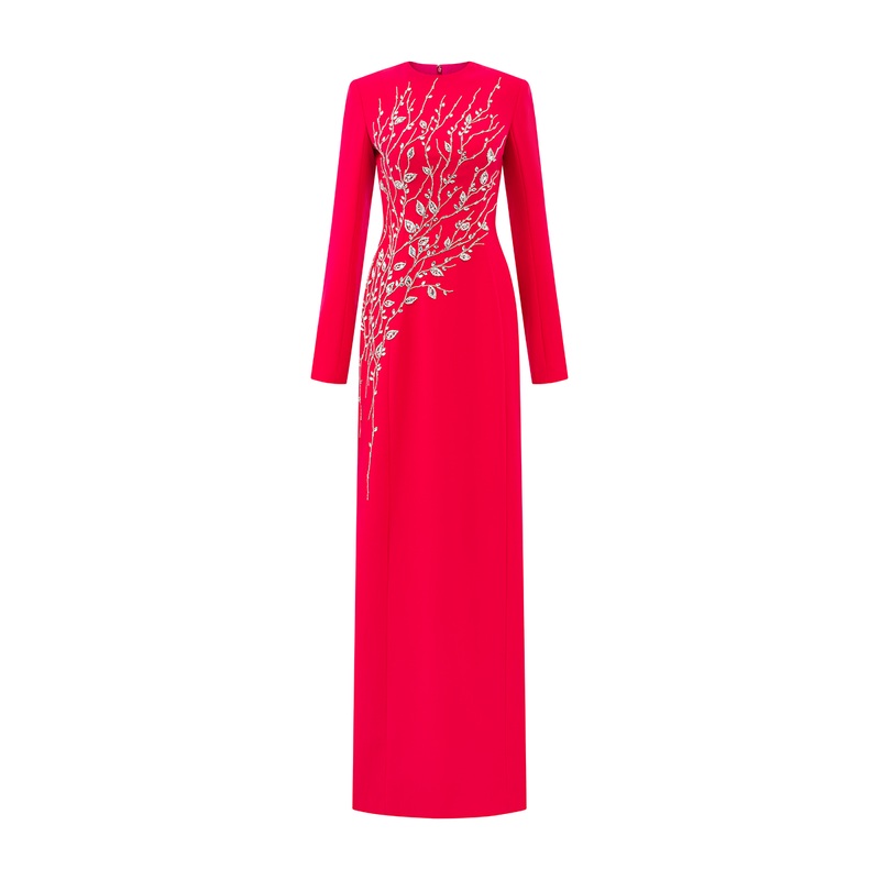 PADDED SHOULDER CRYSTAL EMBELLISHED STRAIGHT DRESS