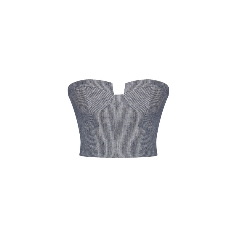 STORM NAVY STRIPED LINEN-BLEND BUSTIER TOP