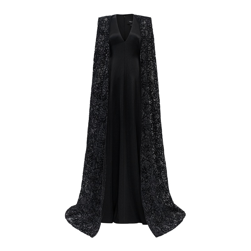 STYLIZED NECKLINE WAVY FLOWING CAPE SLEEVES DRESS
