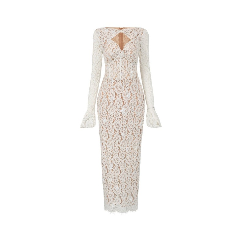 AVERY FLORAL LACE CUT OUT DRESS IN BEIGE