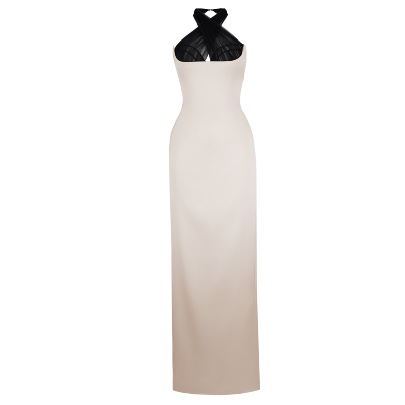 BAUTISTA SHEATH CRISS CROSS NECK SATIN FLOOR LENGTH DRESS