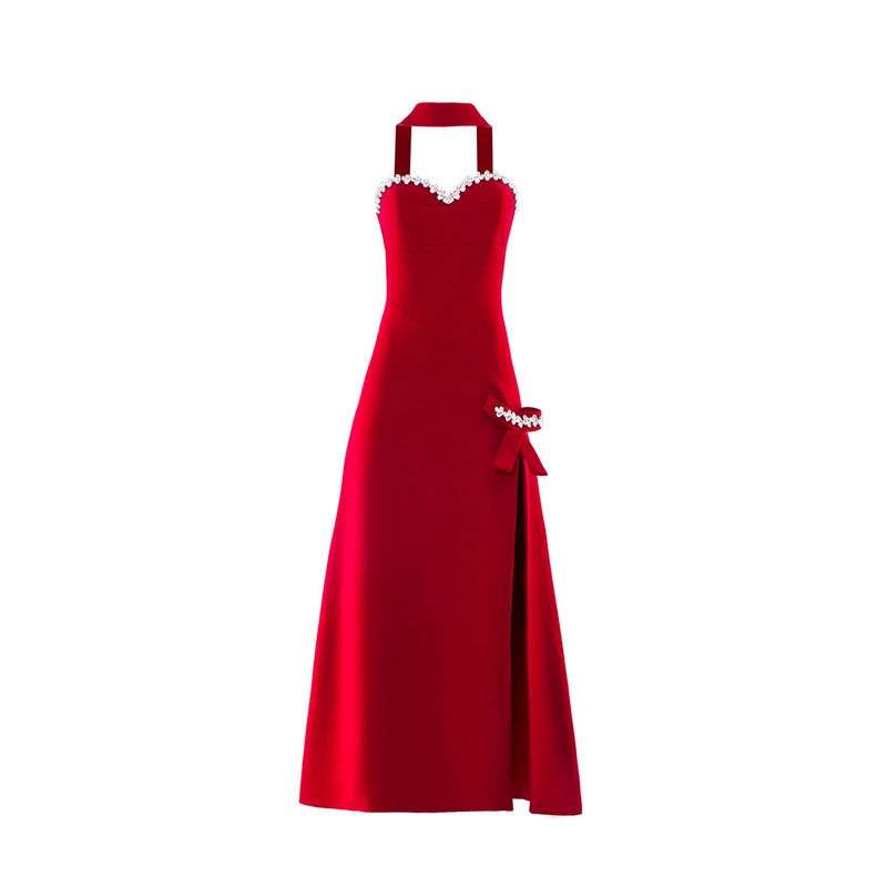 EMBROIDERED RED BOW-DETAILED DRESS
