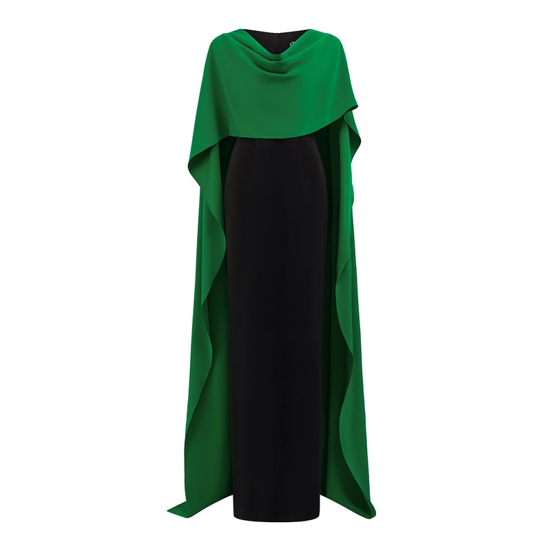 EMERALD DRAPED SHOULDER EVENING GOWN