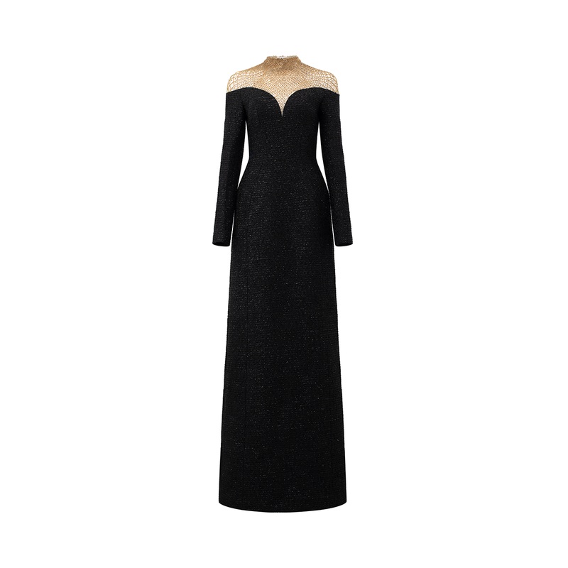 HIGH NECK FISHNET SHOULDER GOWN