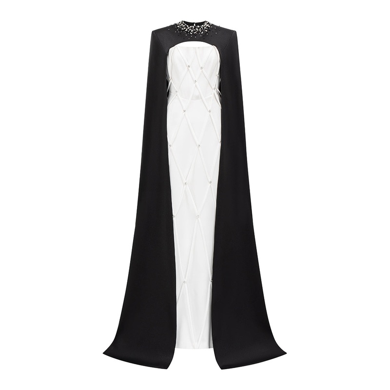 STRAPLESS COLUMN EVENING GOWN WITH BLACK CAPE