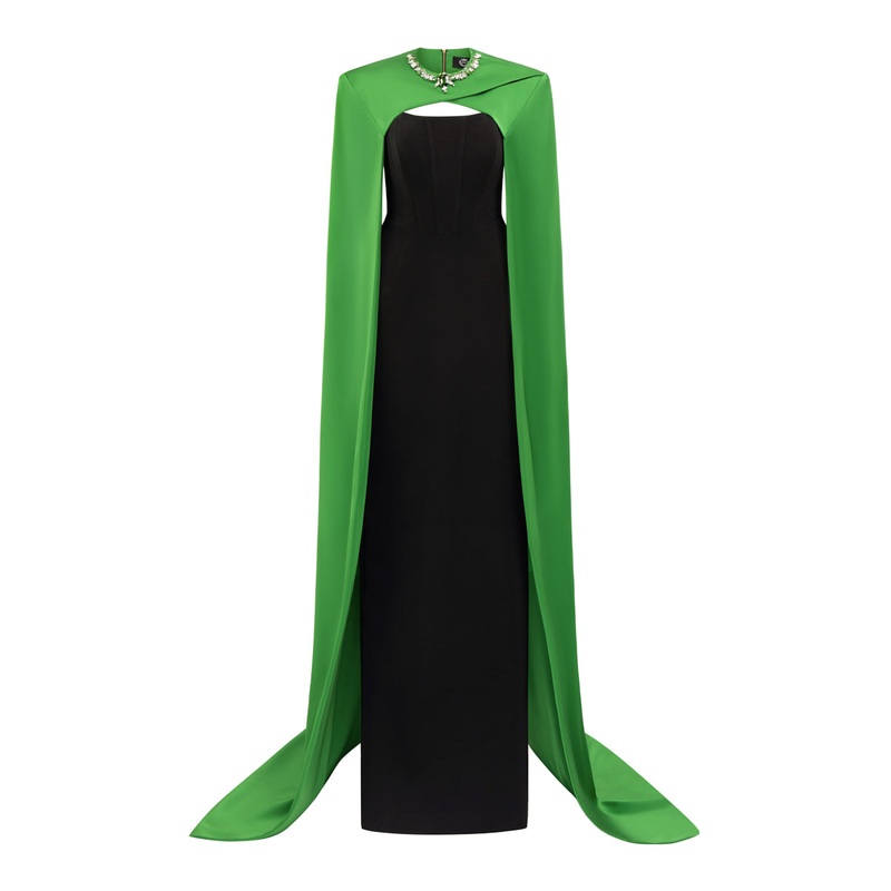 STRAPLESS COLUMN EVENING GOWN WITH GREEN CAPE