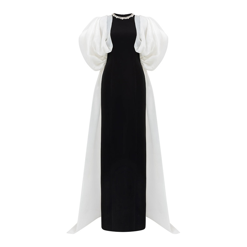 WHITE DRAPED SLEEVE COLUMN GOWN