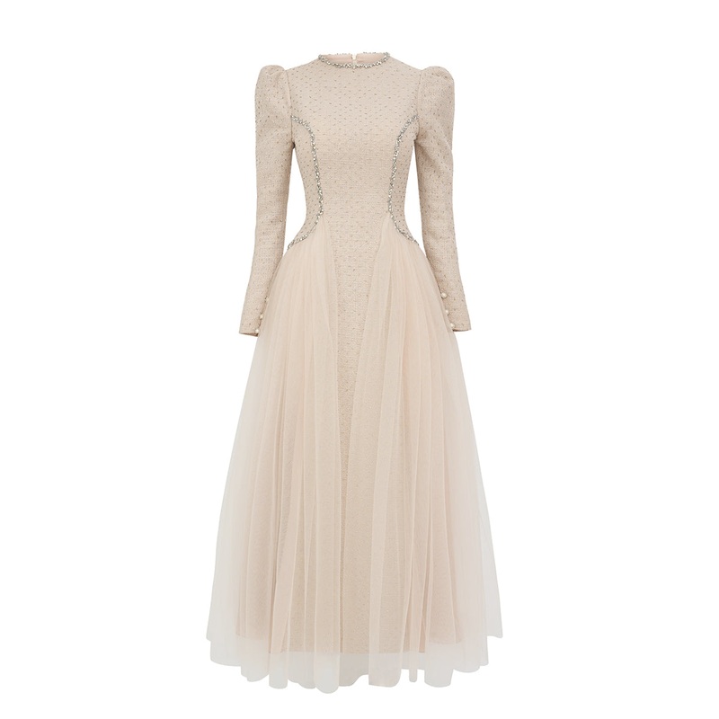 WHITE TWEED A LINE MIDI DRESS IN WHITE