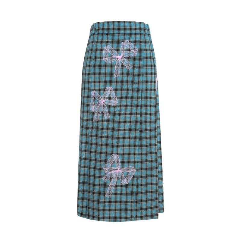 CHECKERED PLEATED SKIRT WITH BOW TIES IN TEAL AND PINK