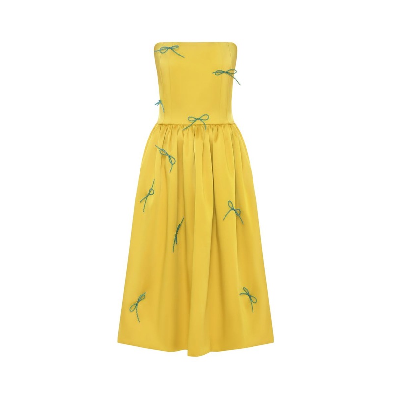 CORSET DRESS WITH CRYSTAL BOW TIES IN YELLOW AND TEAL