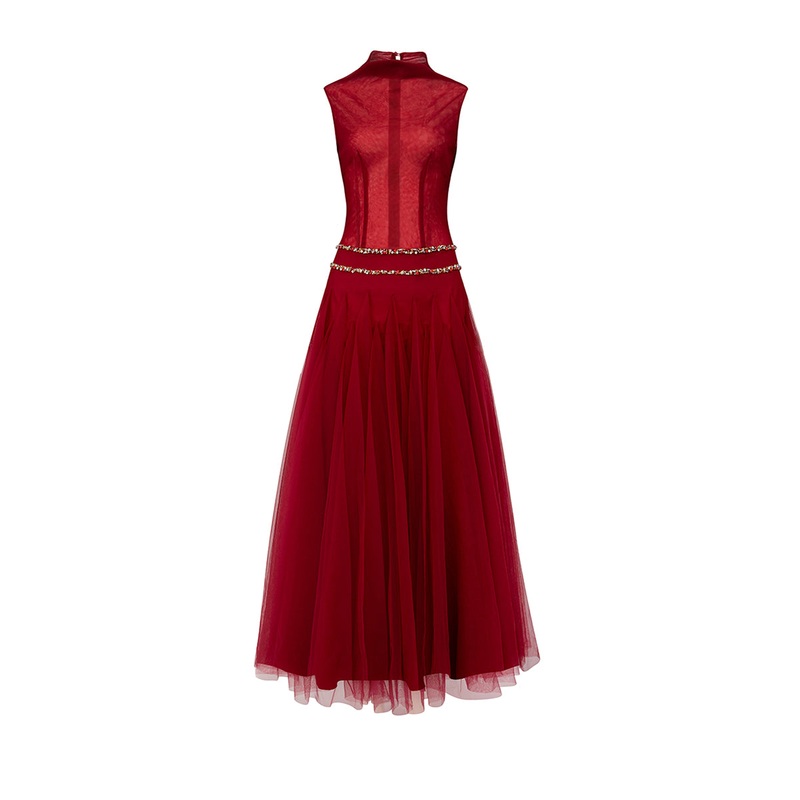 HIGH NECK ORGANZA A LINE MIDI DRESS IN RED