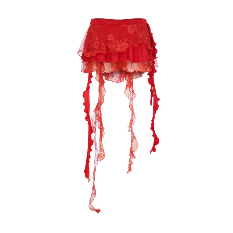 LACE AND JERSEY MINI RUFFLED SKIRT