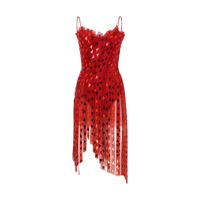 MIRROR EMBELLISHED MINI TULLE AND LACE DRESS