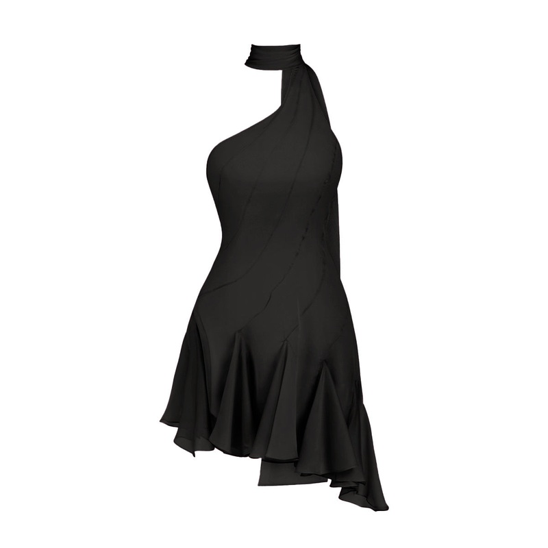 MS. GODET ASYMMETRIC BLACK MINI DRESS