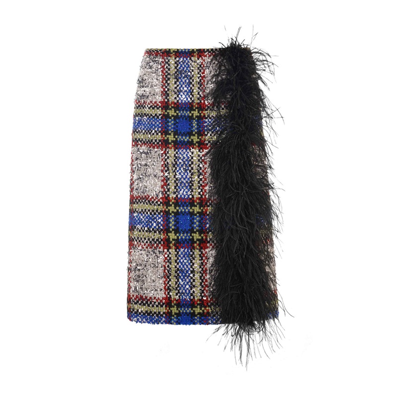 BEIGE AND BLUE CHECKED WOOL AND FEATHER SKIRT