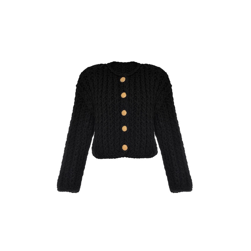 BLACK CABLE KNIT WOOL CARIDGAN