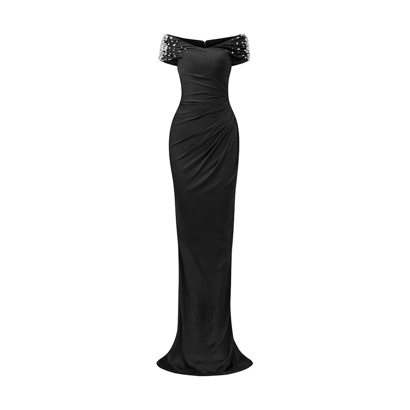 BLACK COLUMN EVENING GOWN WITH DRAPED DETAILS